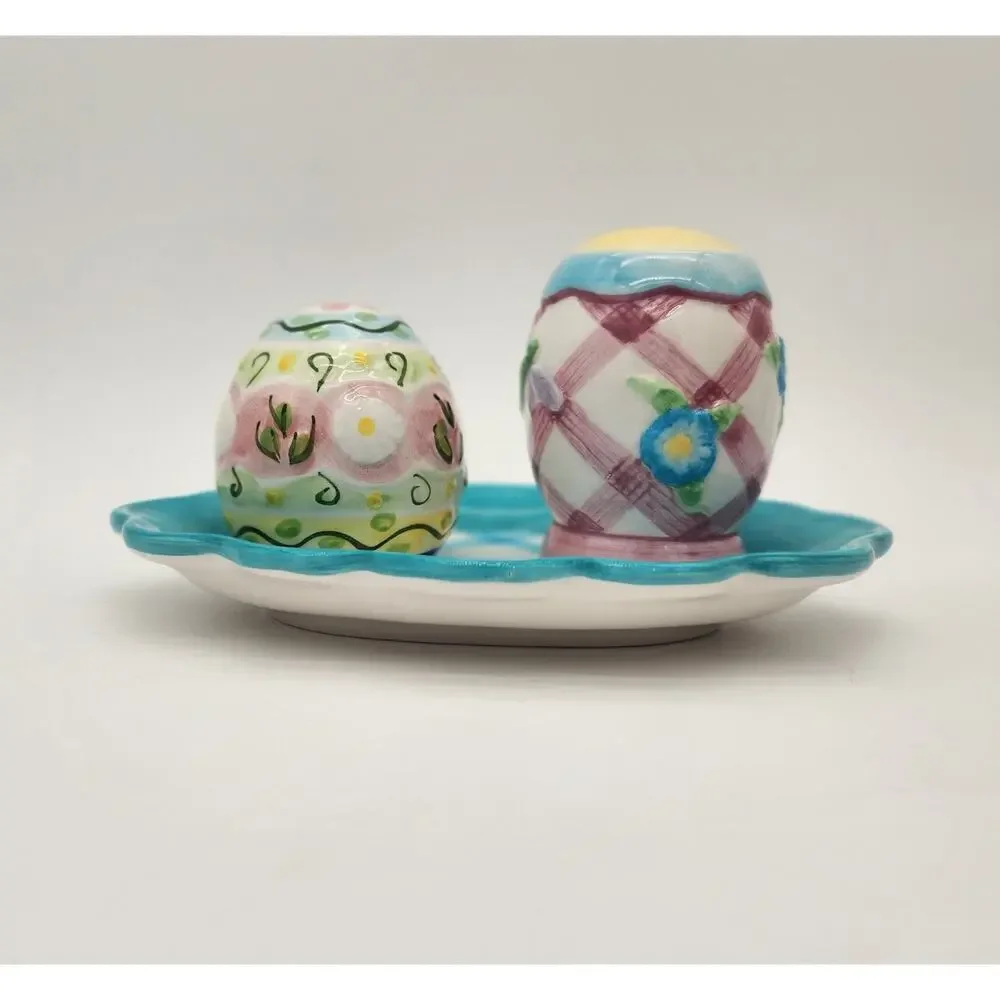 Vintage Handcrafted Lotus Ceramic Floral Salt&Pepper Shakers‎ Tray Spring Easter